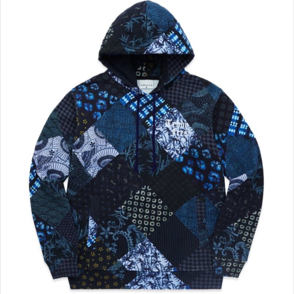 Teddy Fresh Patchwork Blue Printed Mixed Shibori Hoodie Quilted
